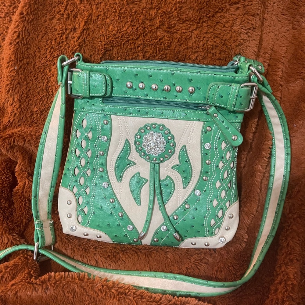 Green and Light Cream Women's Western Embellished Bag With Strap